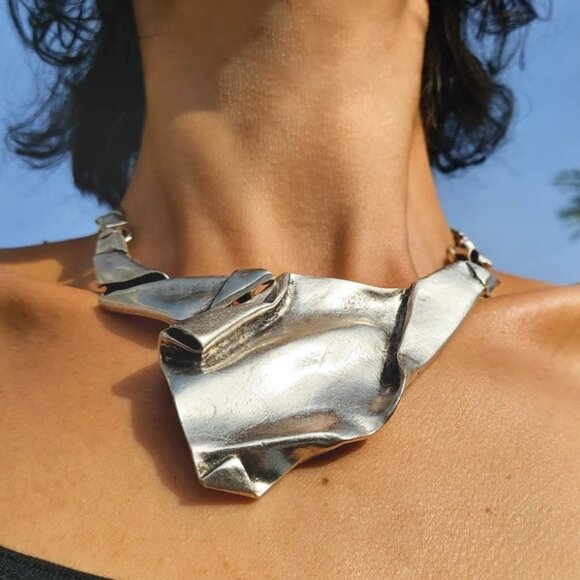 K. Brutalist Jewelry - BRUTALIST Asymmetrical Necklace, Antique Silver Statement Chunky Bib Necklace